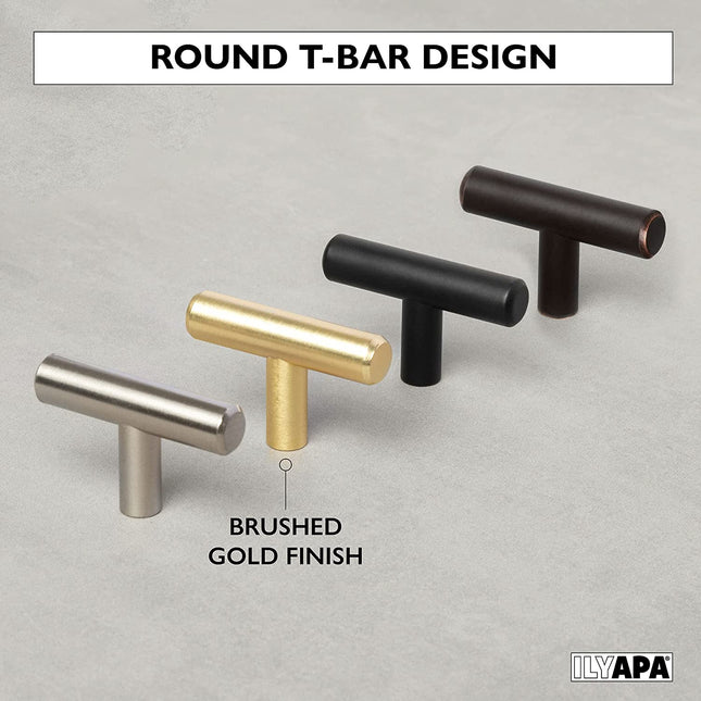 Brushed Gold Kitchen Cabinet Knobs, 10 Pack - T-Knob Drawer Pull Handle Hardware