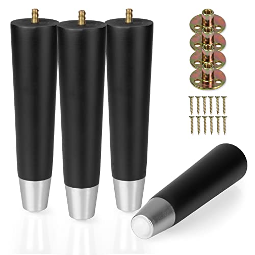 Ilyapa Wooden Furniture Legs Silver Footing - Set of 4 Black 8 Inch Tapered Replacement Furniture Leg for Sofas, Chairs, Loveseats, Ottoman, Dressers, End Tables