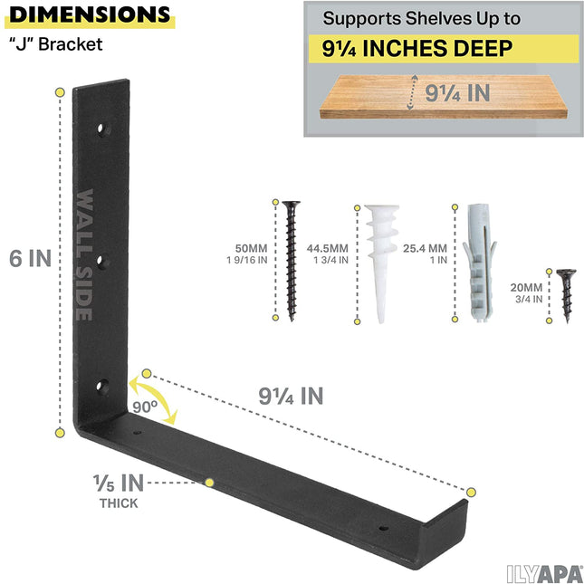 Heavy Duty Steel Floating Shelf Brackets, J Bracket with Lip- Farmhouse Rustic Iron Matte Finish - 4 Pack of 6 x 9.25 Inch Industrial Metal Shelf Holders, Joint Angle Brackets for Wall Mount Shelves
