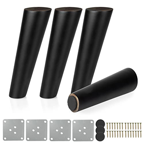 Ilyapa Wooden Tapered Oblique Furniture Leg - Set of 4 Black 8 Inch Mid Century Modern Tapered Replacement Furniture Feet for Sofas, Chairs, End Tables