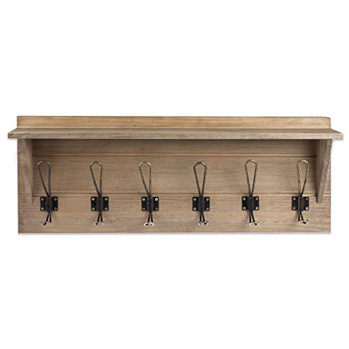 Wall Mounted Coat Rack with Shelf - 27 Inch Rustic Wooden 6 Hook Coat Hanger Rail, Distressed Wood, Black Metal Hooks