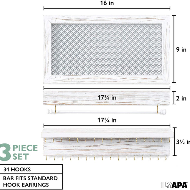 Ilyapa Wall Mounted 3 Piece Jewelry Organizer with Shelf - Rustic White Wood