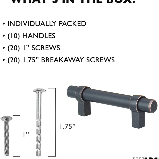 Oil Rubbed Bronze Kitchen Cabinet Handles - 3.75 Inch Hole Center Bar Pulls - 10 Pack of Kitchen Cabinet Knob Hardware