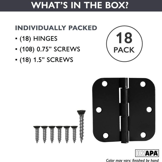 18 Pack of Door Hinges Flat Black - 3 1/2" x 3 1/2" Inch Interior Hinges for Doors Flat Black with 5/8" Radius Corners