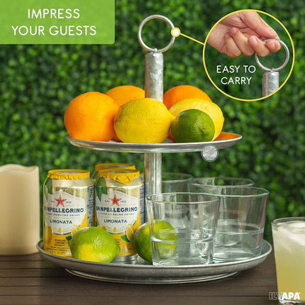 Galvanized Two Tier Serving Stand - 2 Tiered Metal Tray Platter for Cake, Dessert, Shrimp, Appetizers & More