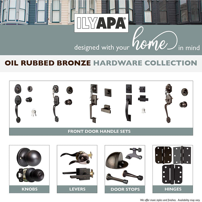 Ilyapa Exterior Door Handleset - Modern, Oil Rubbed Bronze Low Profile Lock Set Front Door Handle with Single Cylinder Deadbolt and Halifax Lever, Oil Rubbed Bronze