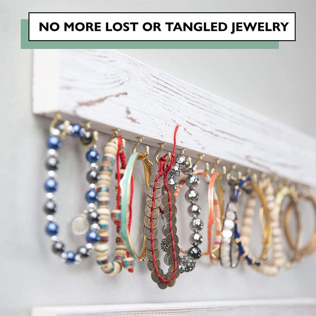 Ilyapa Wall Mounted Jewelry Organizer with Shelf - Rustic White Wood - 3 Piece Jewelry Hanger Rack Set - Earring, Bracelet & Necklace Holder