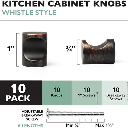 Oil Rubbed Bronze Kitchen Cabinet Knobs- Minimalist Cylindrical Whistle-10 Pack