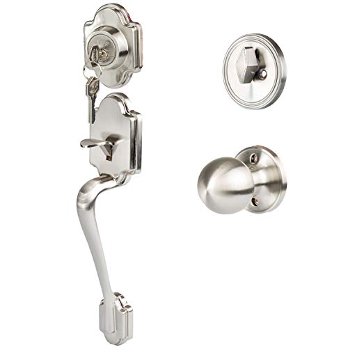 Traditional Style Front Door Exterior Handleset - Elegant Lock Set Handle Hardware with Single Cylinder Deadbolt Lock and Knob - Classic Satin Nickel Finish