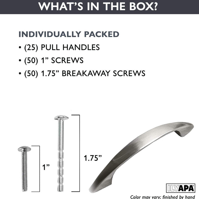 Satin Nickel Kitchen Cabinet Pull Handles - 3.75 Inch Hole Center Hole Center Handle Pulls - 25 Pack of Kitchen Cabinet Hardware