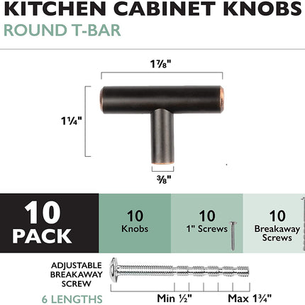 Oil Rubbed Bronze Kitchen Cabinet Knobs, 10 Pack - T-Knob Drawer Pull Handle Hardware