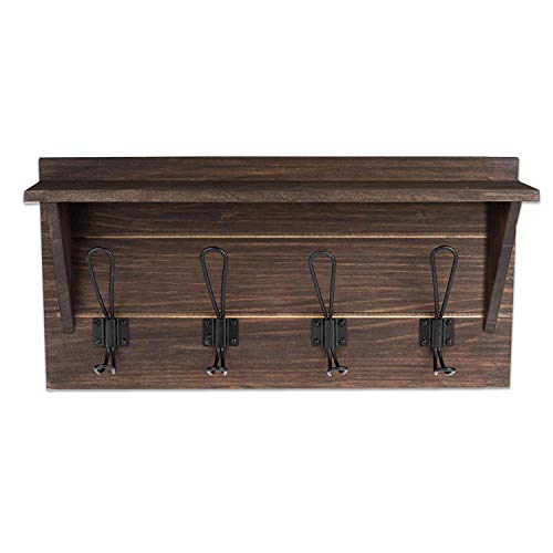 Wall Mounted Coat Rack with Shelf - 16 Inch Rustic Wooden 4 Hook Coat Hanger Rail, Espresso Distressed Wood, Black Metal Hooks