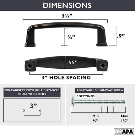 Oil Rubbed Bronze Cabinet Handles - 3 Inch Hole Center Modern Drawer Pulls - 10 Pack of Kitchen Cabinet Hardware