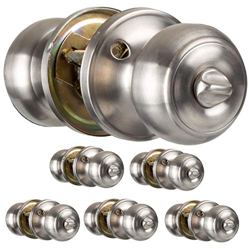 Interior Privacy Door knob - Keyless Locking Door Handles for Bedroom and Bathroom - Improved Satin Nickel Finish - (6 Pack)