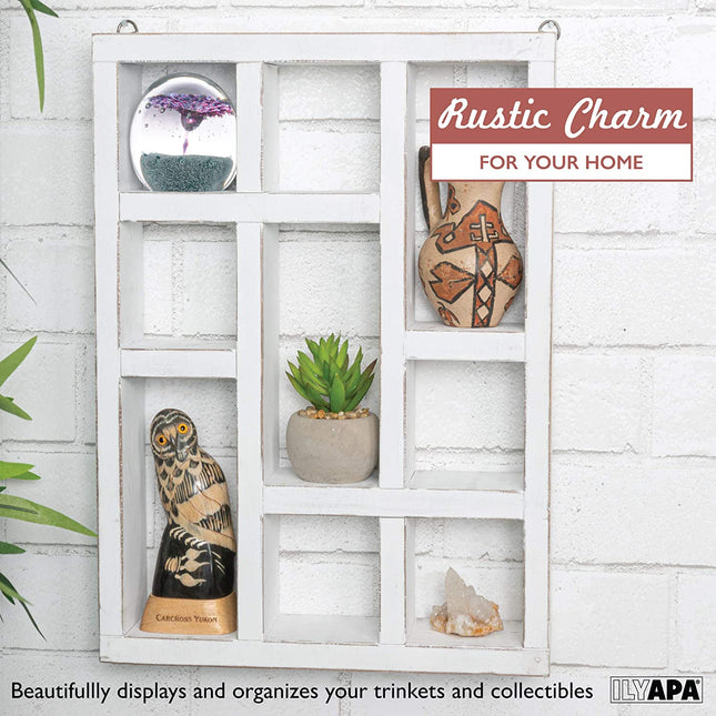 Ilyapa Knick Knack Shelf, Weathered White Wood - Wall Mount or Freestanding Organizer Stand for Oils, Coffee Mugs, Crystals, Rocks, Curios & More