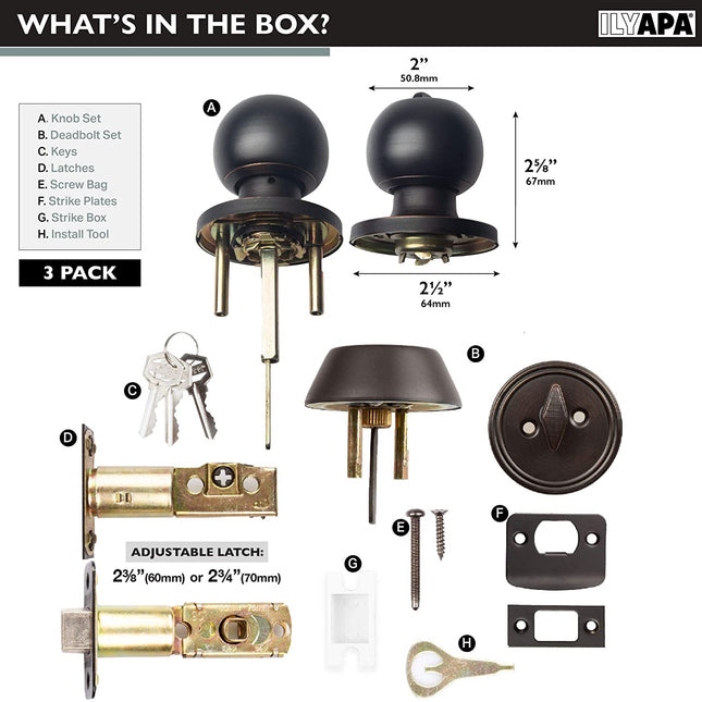 Ilyapa Entry Knob with Deadbolt Set - Ball, Oil Rubbed Bronze 3 Pack
