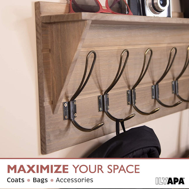 Wall Mounted Coat Rack with Shelf - 24 Inch Rustic Wooden 5 Hook Coat Hanger Rail, Rustic Oak Wood, Black Metal Hooks