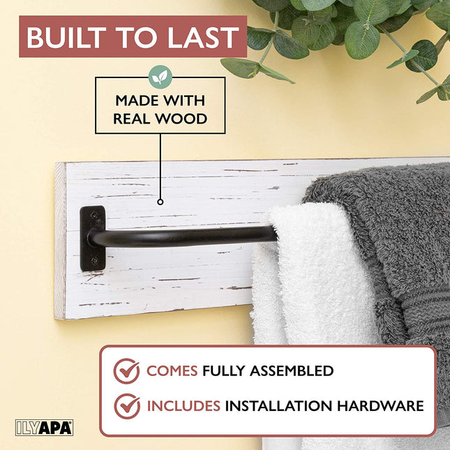 Ilyapa Wall Towel Rack for Bathroom - Rustic White Weathered Wood & Black Metal Bar