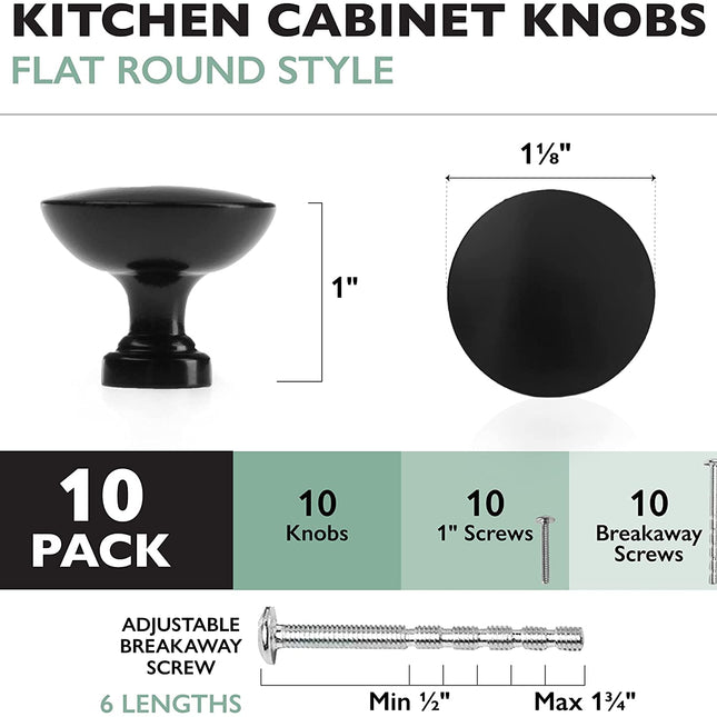 Ilyapa Flat Black Kitchen Cabinet Knobs - Round Drawer Handles - 10 Pack of Kitchen Cabinet Hardware