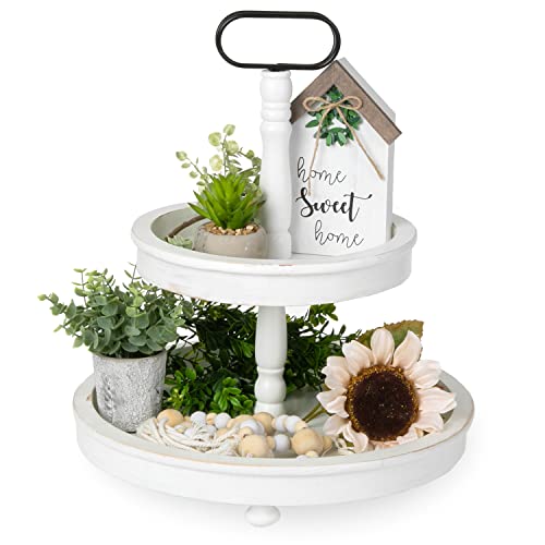 Ilyapa Decorative Farmhouse Tiered Serving Tray Stand - 2 Tier Rustic Wooden Serving Stand with Handle - White, 16¬¨√Æ x 14.5¬¨√Æ x 14.5¬¨√Æ