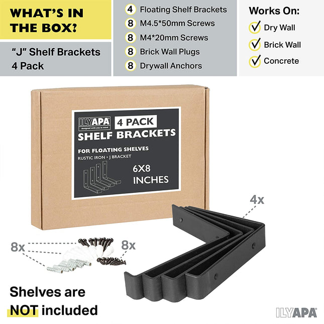 Heavy Duty Steel Floating Shelf Brackets, J Bracket with Lip- Farmhouse Rustic Iron Matte Finish - 4 Pack of 6 x 7.25 Inch Industrial Metal Shelf Holders, Joint Angle Brackets for Wall Mount Shelves