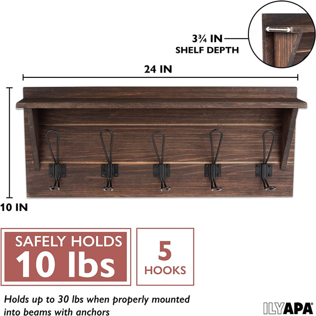 Wall Mounted Coat Rack with Shelf - 24 Inch Rustic Wooden 5 Hook Coat Hanger Rail, Distressed Wood, Black Metal Hooks