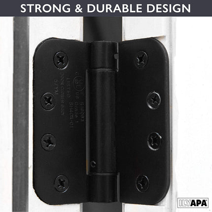 Self Closing Door Hinges, 2 Pack, Black - 4x4 Inch Improved Interior Spring Hinges for Doors with 5/8" Radius Corners