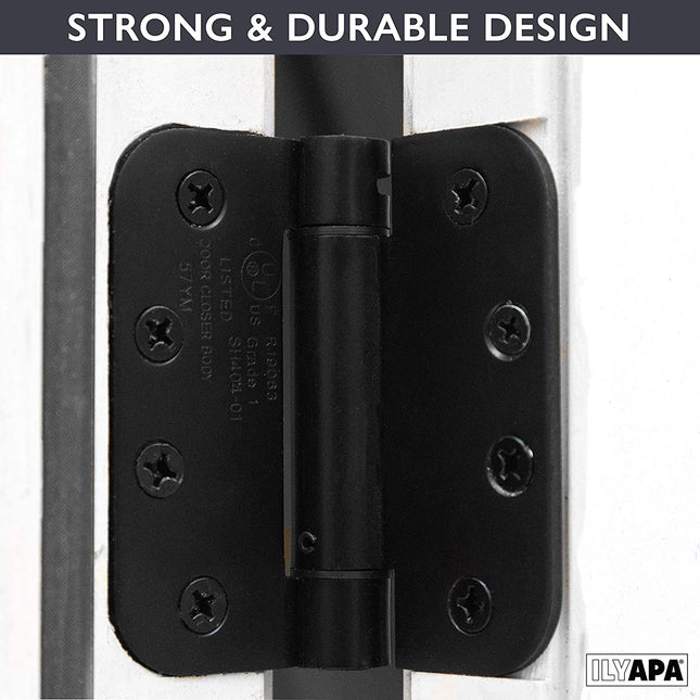 Self Closing Door Hinges, 2 Pack, Black - 4x4 Inch Improved Interior Spring Hinges for Doors with 5/8" Radius Corners