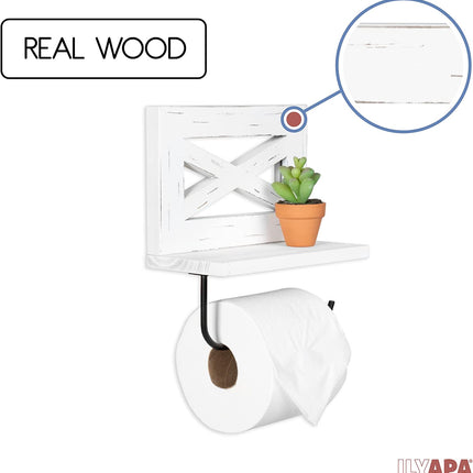 Ilyapa Farmhouse Toilet Paper Holder - Weathered White Rustic Wood Wall Mount
