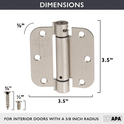 Self Closing Door Hinges, 2 Pack, Satin Nickel - 3 1/2 x 3 1/2 Inch Interior Spring Hinges for Doors