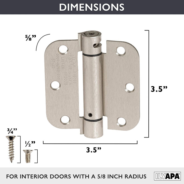 Self Closing Door Hinges, 2 Pack, Satin Nickel - 3 1/2 x 3 1/2 Inch Interior Spring Hinges for Doors