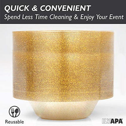 12oz Plastic Bowls Set of 100 - Gold Glitter Heavy Duty Disposable Bowl Pack