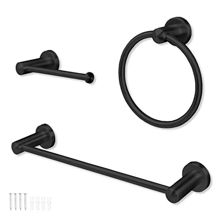 Ilyapa 3 Piece Matte Black Wall Mounted Bathroom Hardware Set - Towel Bar, Hand Towel Ring, Toilet Paper Holder, with Mounting Hardware
