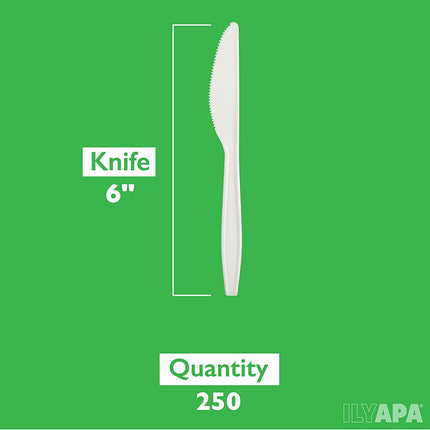 250 Compostable Knives - Heavyweight Biodegradable Knife Set - Bulk Disposable Cutlery for Party or Wedding