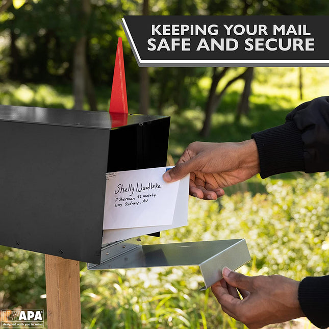 Ilyapa Modern Design Mailbox, Ready to Post Mount - Black Powder Coated Steel Heavy Duty , All Weather