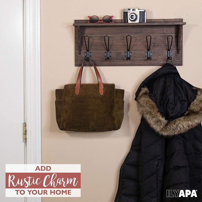 Wall Mounted Coat Rack with Shelf - 24 Inch Rustic Wooden 5 Hook Coat Hanger Rail, Distressed Wood, Black Metal Hooks