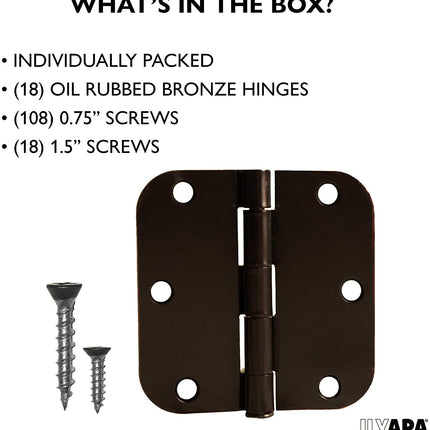 18 Pack of Door Hinges Oil Rubbed Bronze - 3.5 x 3.5 Inch Interior Hinges for Doors with 5/8 Inch Radius Corners