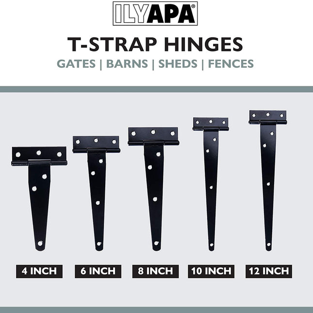 Ilyapa Heavy Duty Gate Hinges, 6 Pack - 6 Inch Outdoor T Strap Hinges for Barn Door, Shed or Wooden Fences