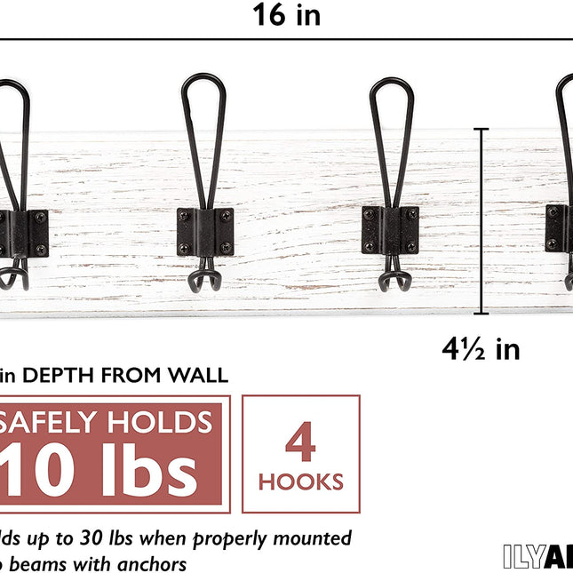 Wall Mounted Coat Rack - Rustic Wooden 4 Hook Coat Hanger Rail, White Distressed Wood, Black Metal Hooks