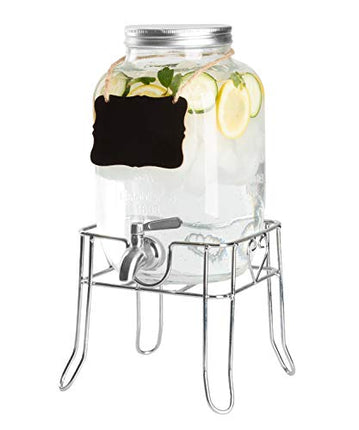 Outdoor Glass Beverage Dispenser with Sturdy Metal Base, Stainless Steel Spigot & Hanging Chalkboard - Drink Dispenser for Lemonade, Tea, Cold Water & More