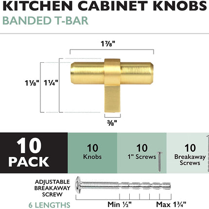 Brushed Gold Kitchen Cabinet Knobs, 10 Pack - Contemporary T-Knob Drawer Pull Handle Hardware