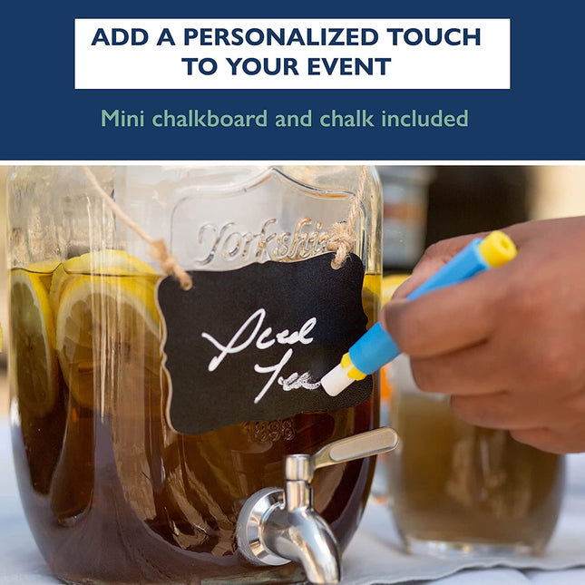 Outdoor Glass Beverage Dispenser with Stainless Steel Spigot, Ice Cylinder & Hanging Chalkboard - 1 Gallon Drink Dispenser for Lemonade, Tea, Cold Water & More