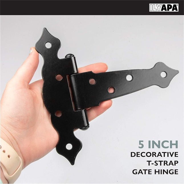 Ilyapa Heavy Duty Gate Hinges, 6 Pack - 5 Inch Decorative Outdoor T Strap Hinges for Barn Door, Shed or Wooden Fences