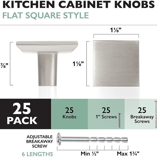 Ilyapa Satin Nickel Kitchen Cabinet Knobs - Square Drawer Handles - 25 Pack of Kitchen Cabinet Hardware