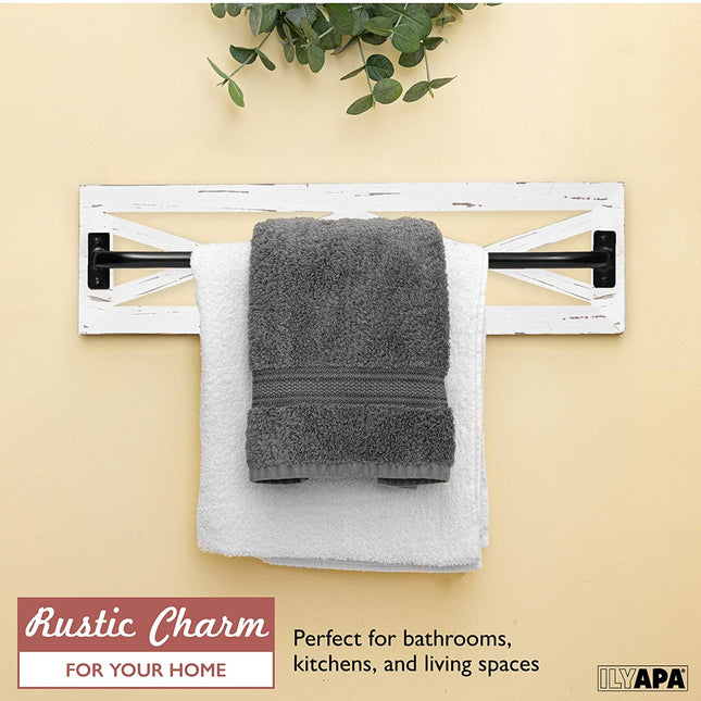 Rustic Towel Bar for Bathroom, 24x6 Inches - Wall Mounted Towel Rack with White Weathered Wood & Black Metal Bar, Farmhouse Decor
