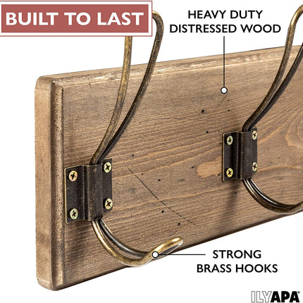 Wall Mounted Coat Rack - Rustic Wooden 6 Hook Coat Hanger Rail, Distressed Wood, Antique Brass Hooks