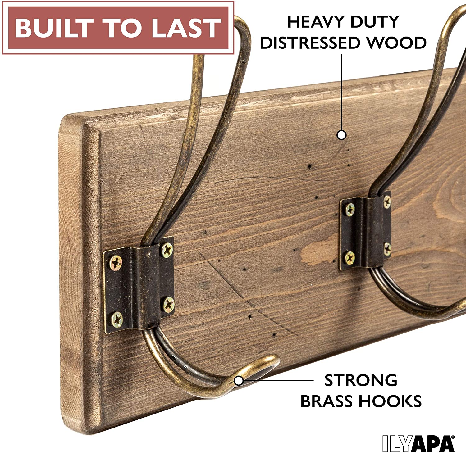 Wall Mounted Coat Rack - Rustic Wooden 6 Hook Coat Hanger Rail