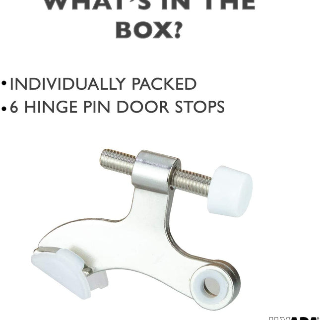6 Pack Hinge Pin Satin Nickel Door Stops -Heavy Duty Adjustable Door Stopper 2-1/2" x 1-3/4",with White Rubber Bumper Tips