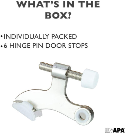 6 Pack Hinge Pin Satin Nickel Door Stops -Heavy Duty Adjustable Door Stopper 2-1/2" x 1-3/4",with White Rubber Bumper Tips