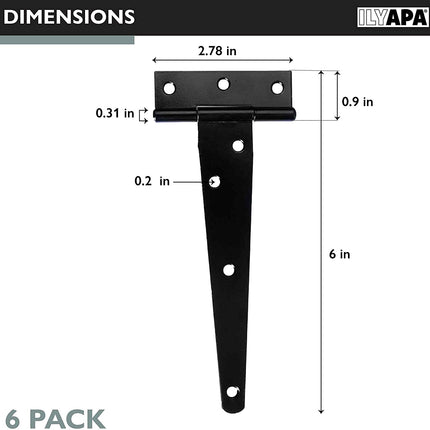 Ilyapa Heavy Duty Gate Hinges, 6 Pack - 6 Inch Outdoor T Strap Hinges for Barn Door, Shed or Wooden Fences